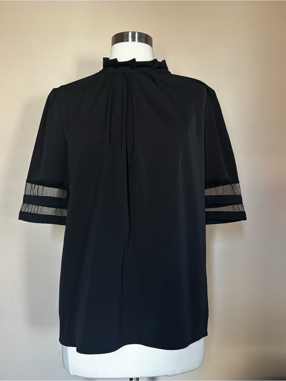 Black Short-Sleeve Blouse with Sheer Sleeve Stripes